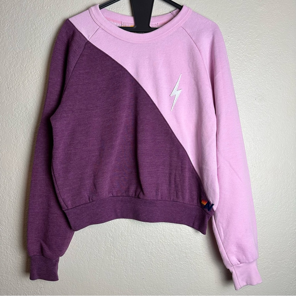 Rare Aviator Nation Crewneck Purple Colorblock lightning bolt Sweater size M